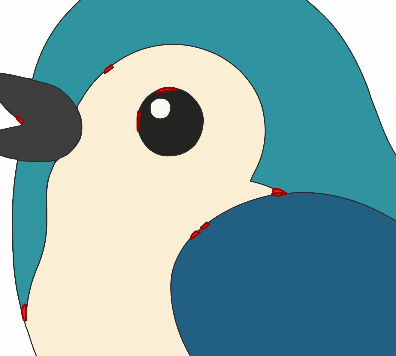 Zoomed-in comparison of a bird illustration auto-traced by a free tool, with tiny stray sliver fragments highlighted in red along the eye and the color boundaries
