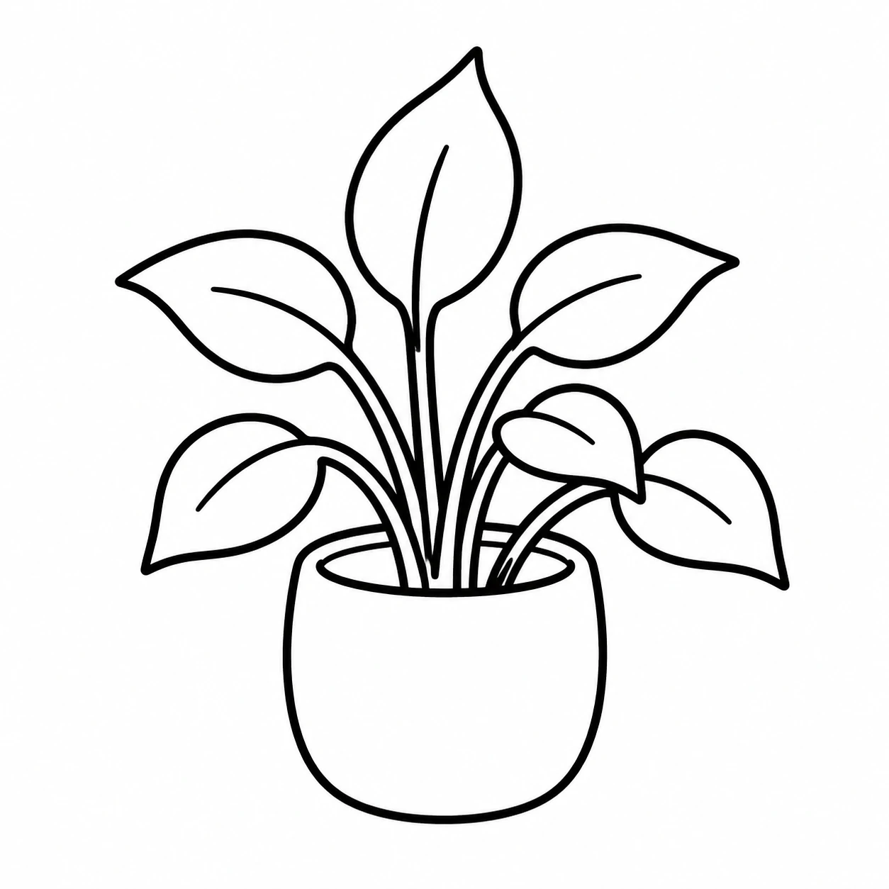 A high-contrast black ink drawing of a leafy houseplant on a plain white background