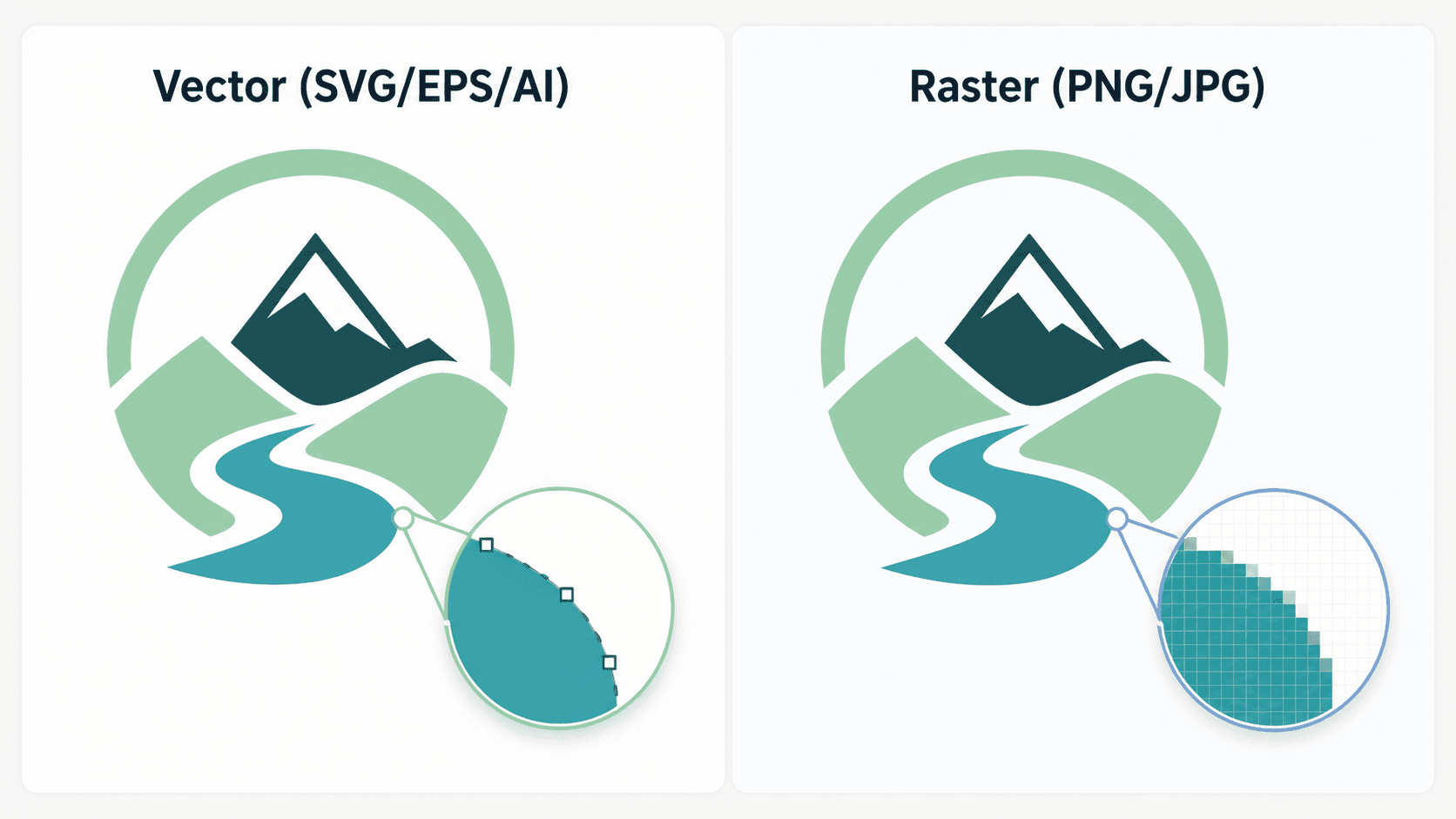 A logo shown as a crisp scalable vector on the left and as a pixelated raster that breaks up when enlarged on the right