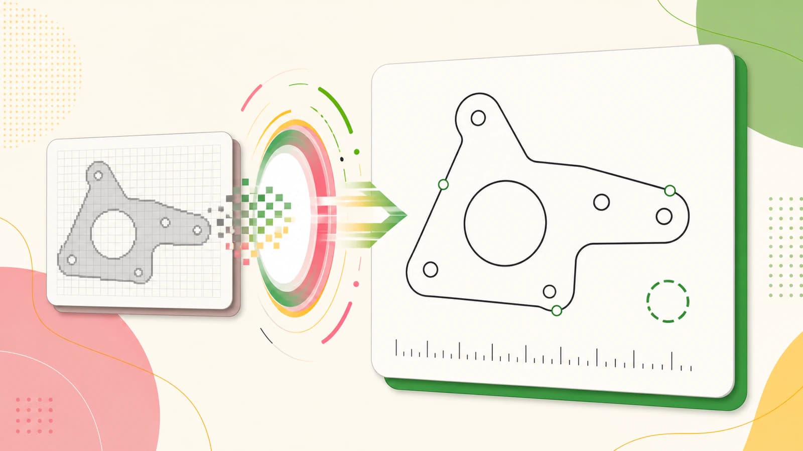 Conceptual illustration showing a pixel reference becoming a clean closed DXF-style contour with a scale check