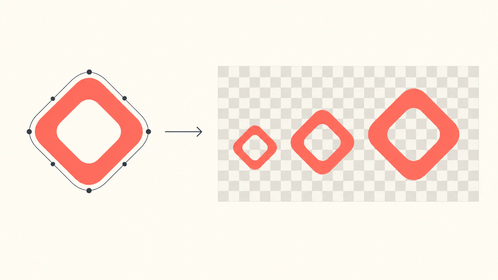 Conceptual illustration of an outlined editable coral ring and three increasing image displays over a checkerboard visible through their openings.