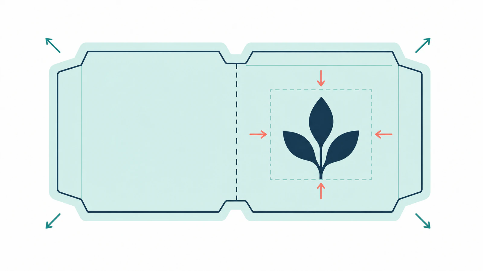 Illustration of a background extending beyond a packaging cut line while a leaf emblem stays inside the safe area and clear of a fold.