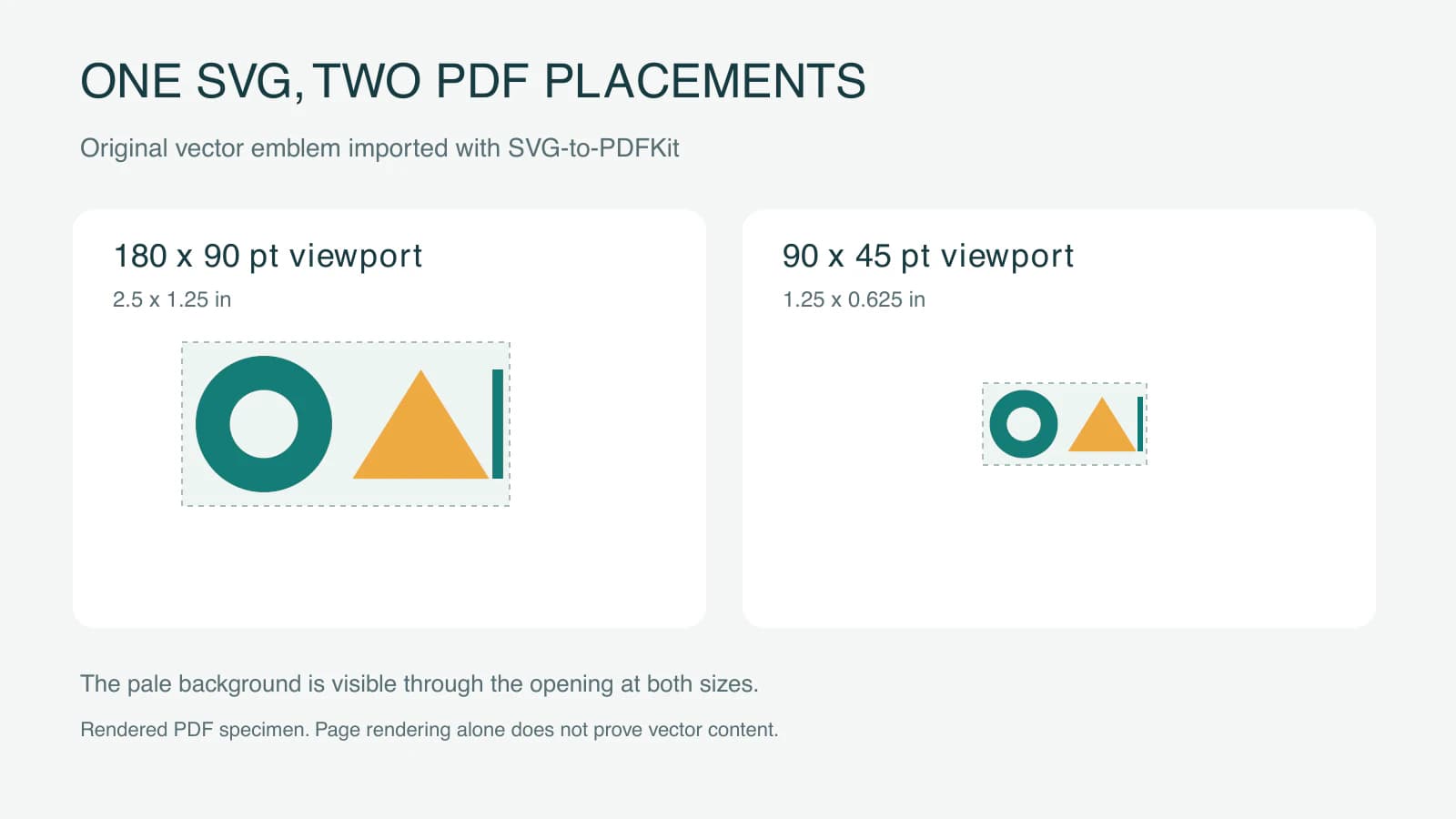 Rendered PDF showing a teal ring, gold triangle and teal bar in 180 by 90 point and 90 by 45 point viewports