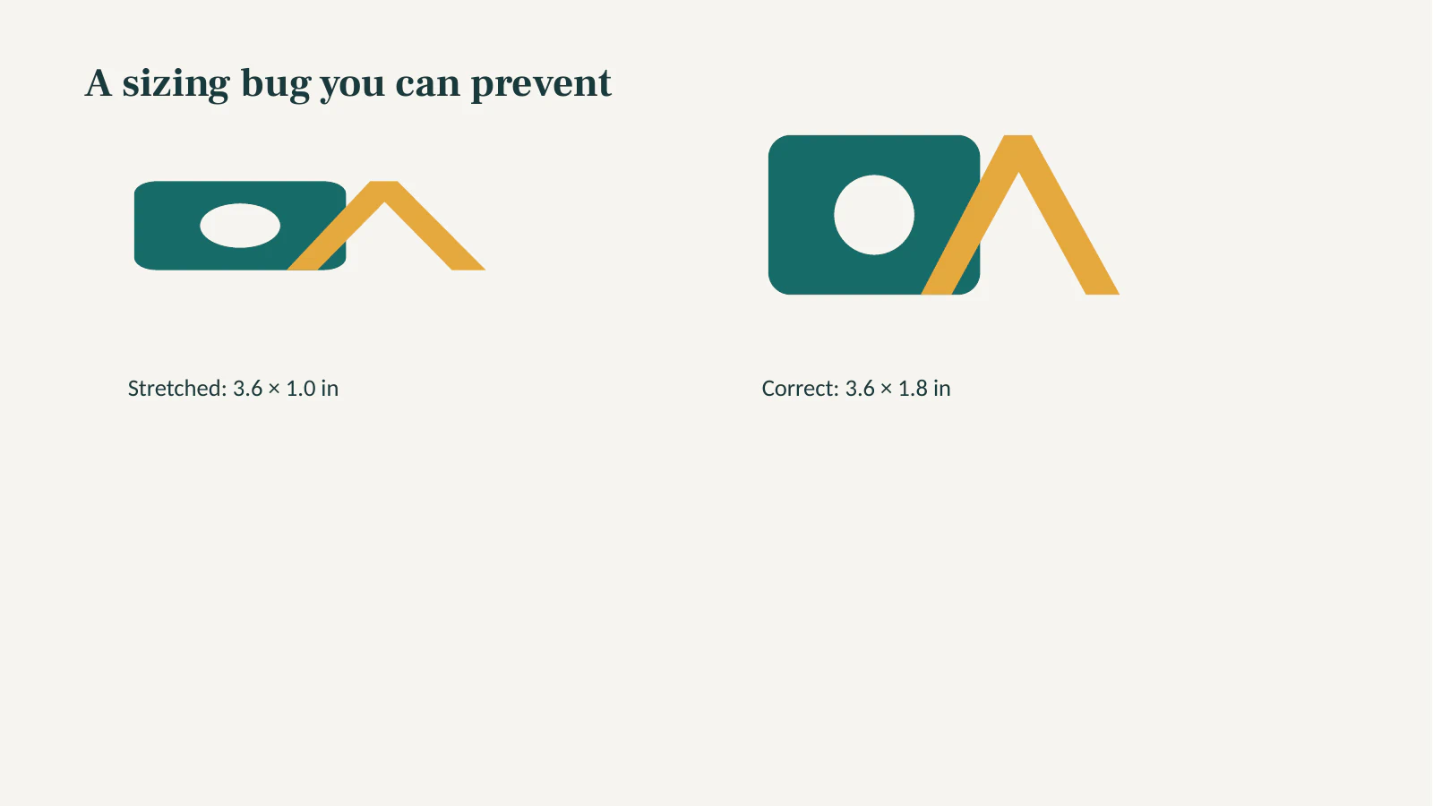 Rendered test slide showing a two-color SVG logo squeezed into a 3.6 by 1.0 inch box beside the same logo at its correct 3.6 by 1.8 inch proportion