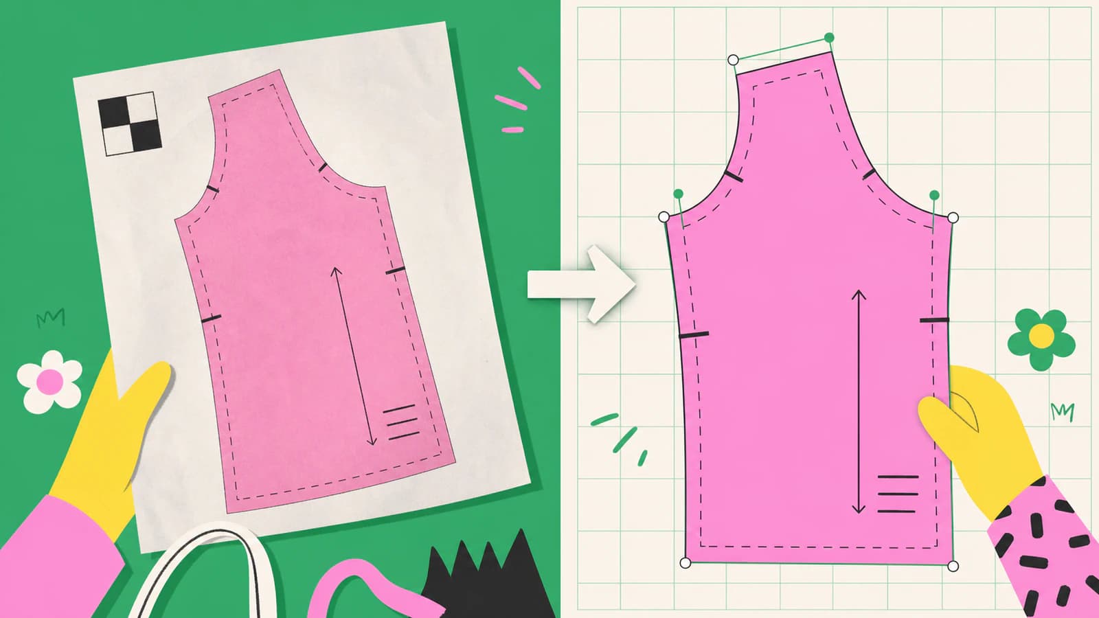 Conceptual illustration showing a scanned sewing pattern calibrated from a reference square and rebuilt as clean vector lines with notches and a grainline