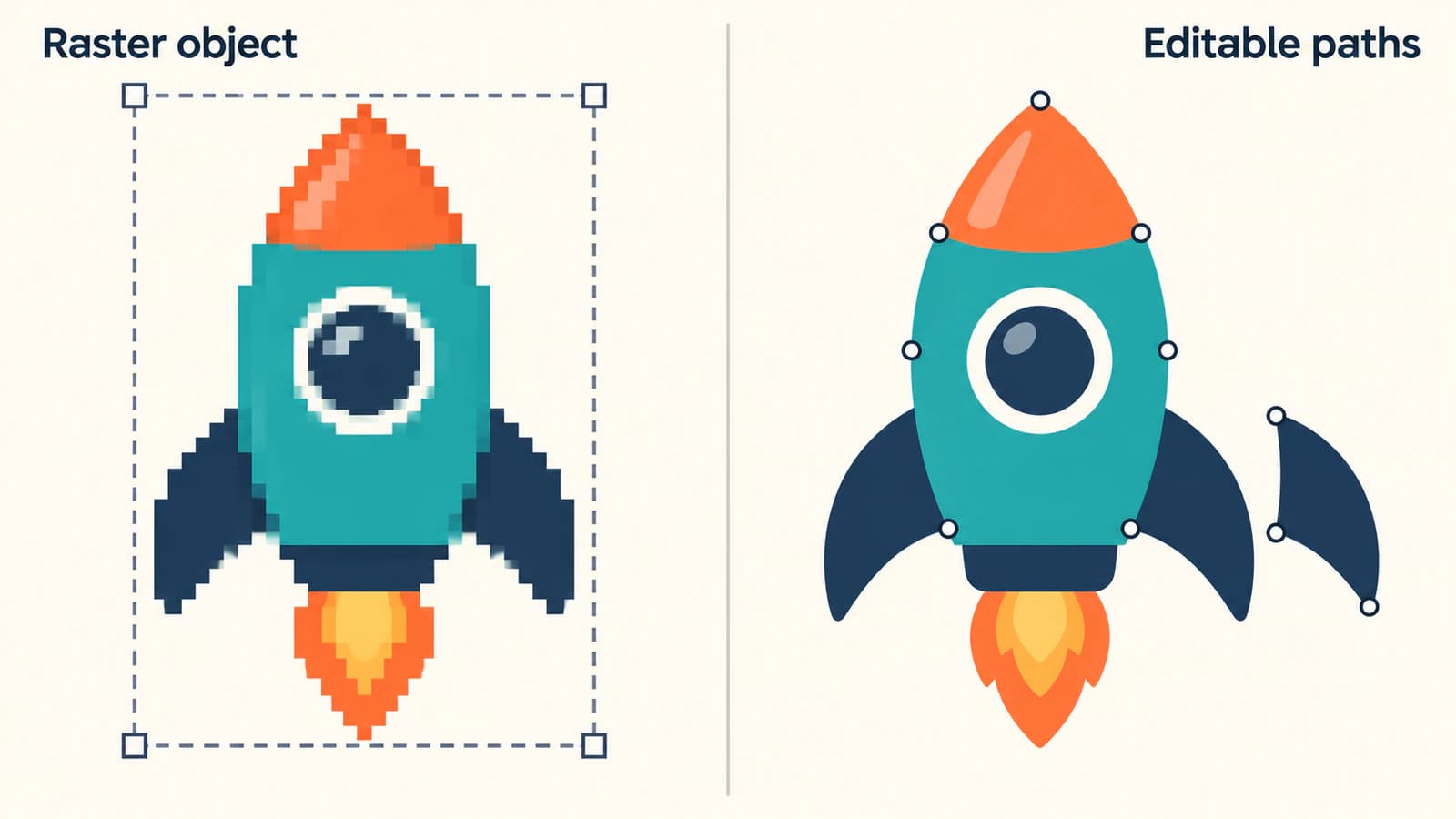 Illustration of a pixelated rocket selected as one rectangular object beside a smooth rocket with editable outline points and a separate fin.