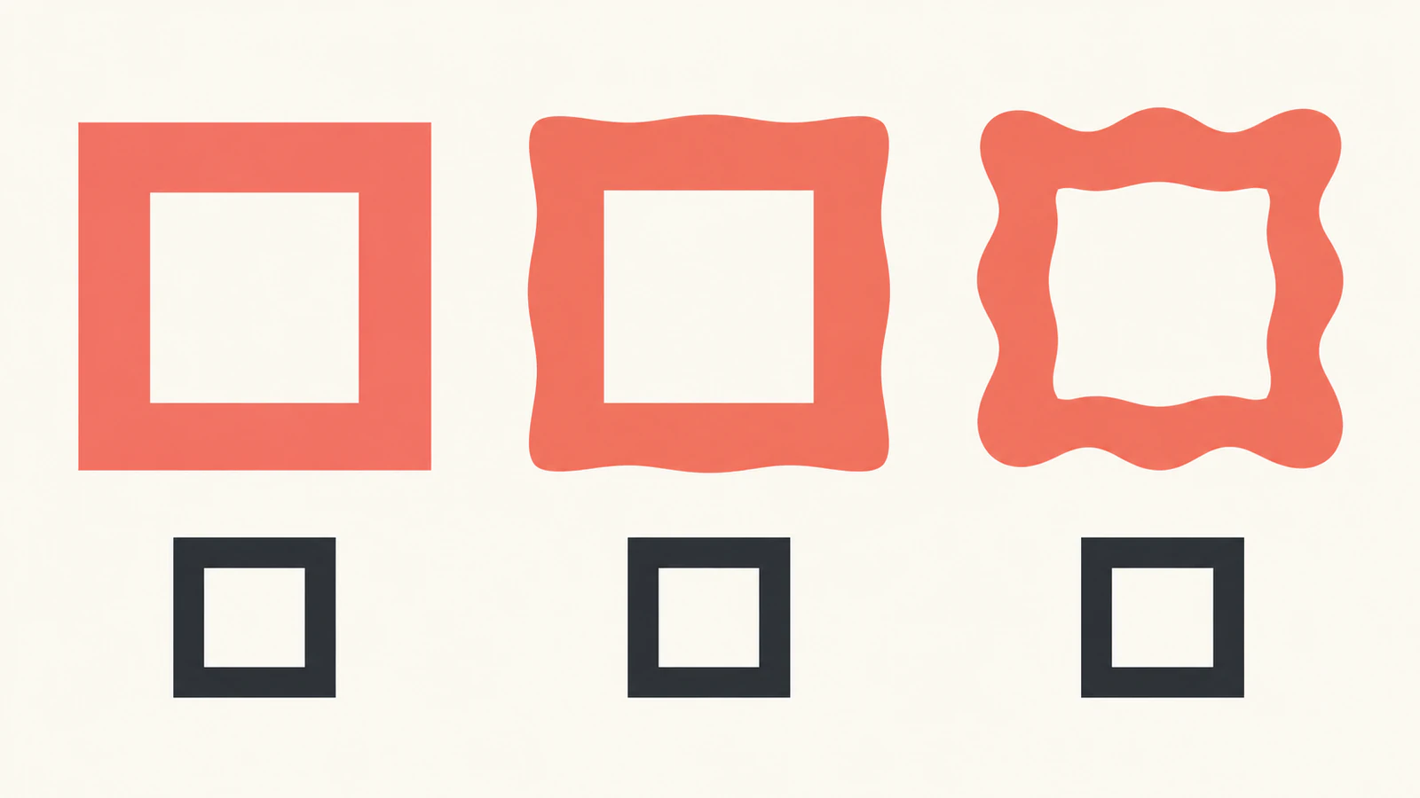 Illustration of three coral badge previews with increasing contour distortion above identical straight source-path outlines
