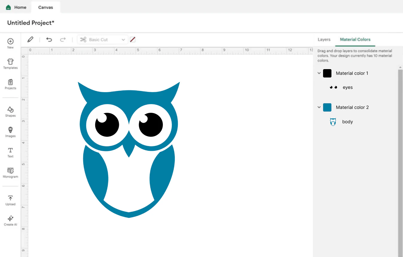 An owl SVG opened in Cricut Design Space with the Material Colors panel showing separate layers for the eyes and body