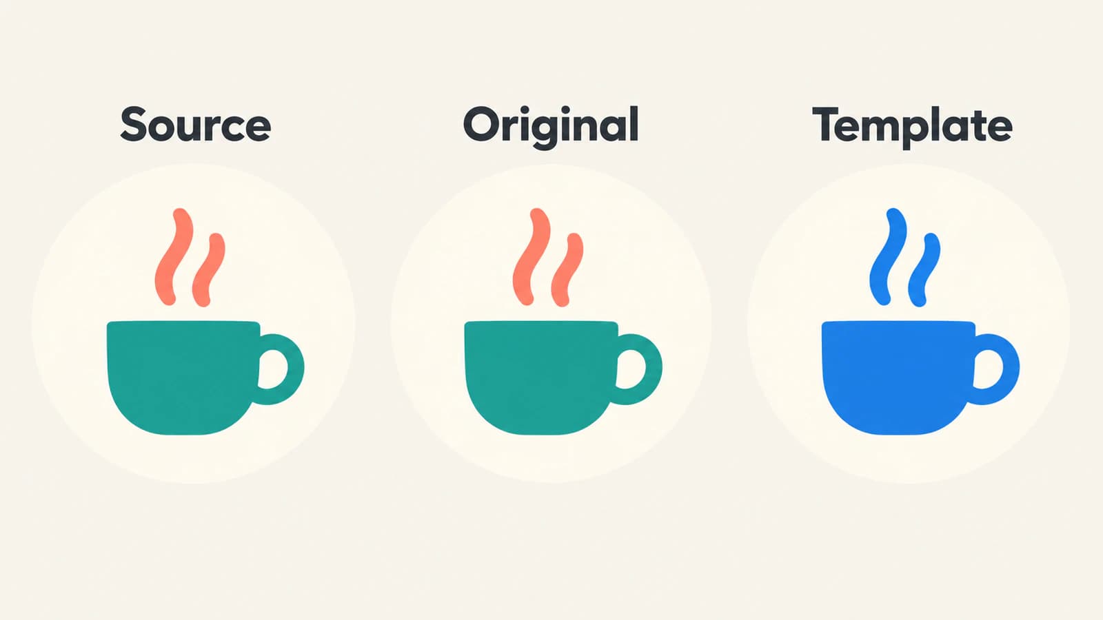 Illustration of a teal cup with coral steam shown as source artwork, original colors, and a blue template silhouette with the handle opening preserved