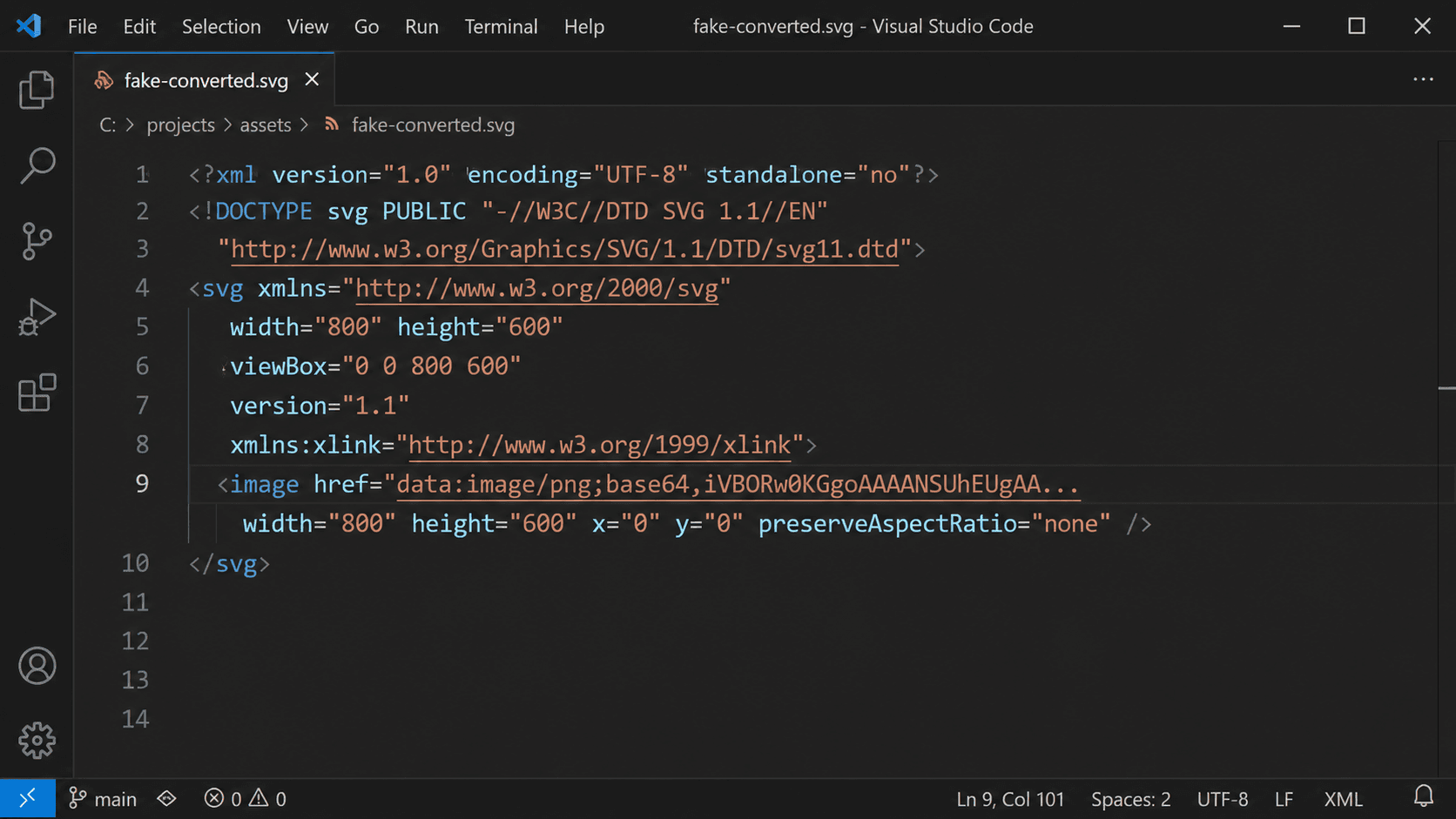 An SVG file open in a text editor, showing an image tag with a long base64 data blob instead of vector path elements
