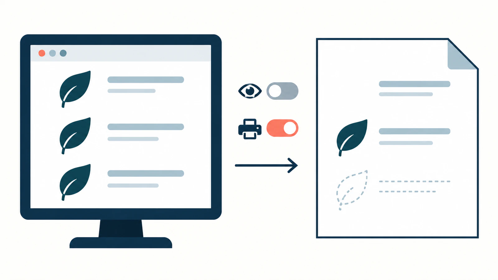 Illustration comparing three leaf emblems on a screen with missing or visible emblems on a paper page during a print check.