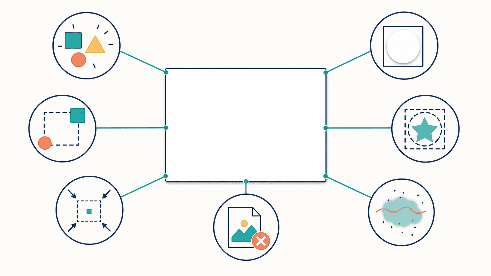 Conceptual diagnostic map around a blank SVG artboard showing existing geometry, off-canvas artwork, tiny scale, white-on-white paint, clipping, unsupported effects, and a missing external image