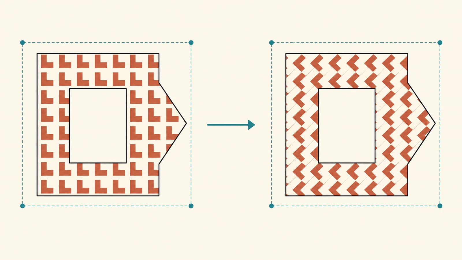 Conceptual comparison of an upright hollow emblem with repeated geometric motifs before and after rotating the paint inside its fixed outline