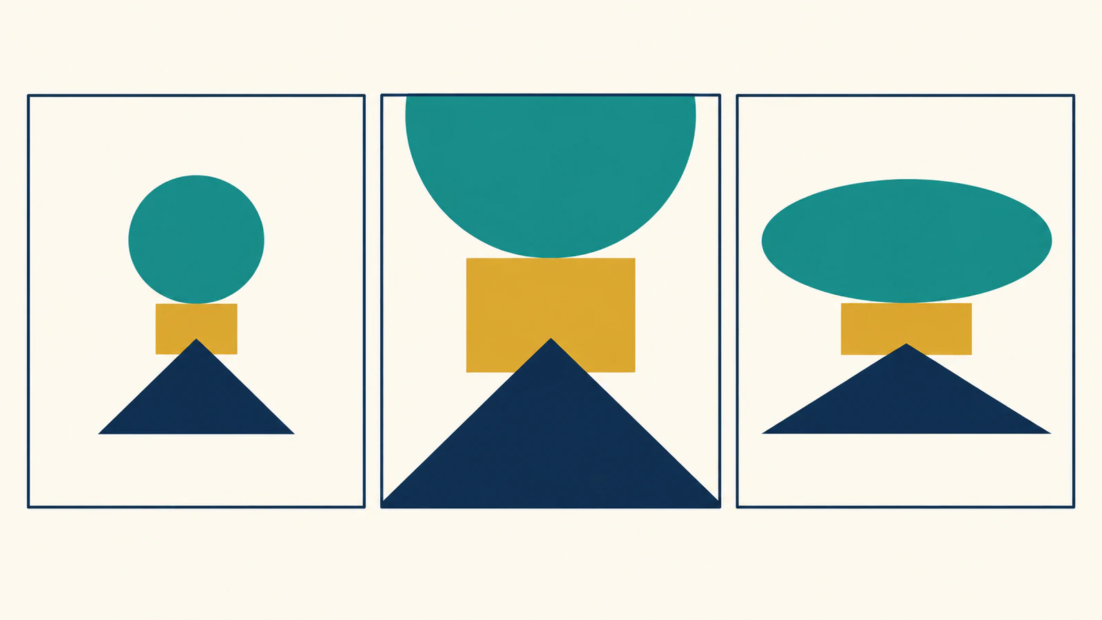Conceptual comparison of a complete emblem, a cropped enlarged emblem, and a stretched emblem inside frames