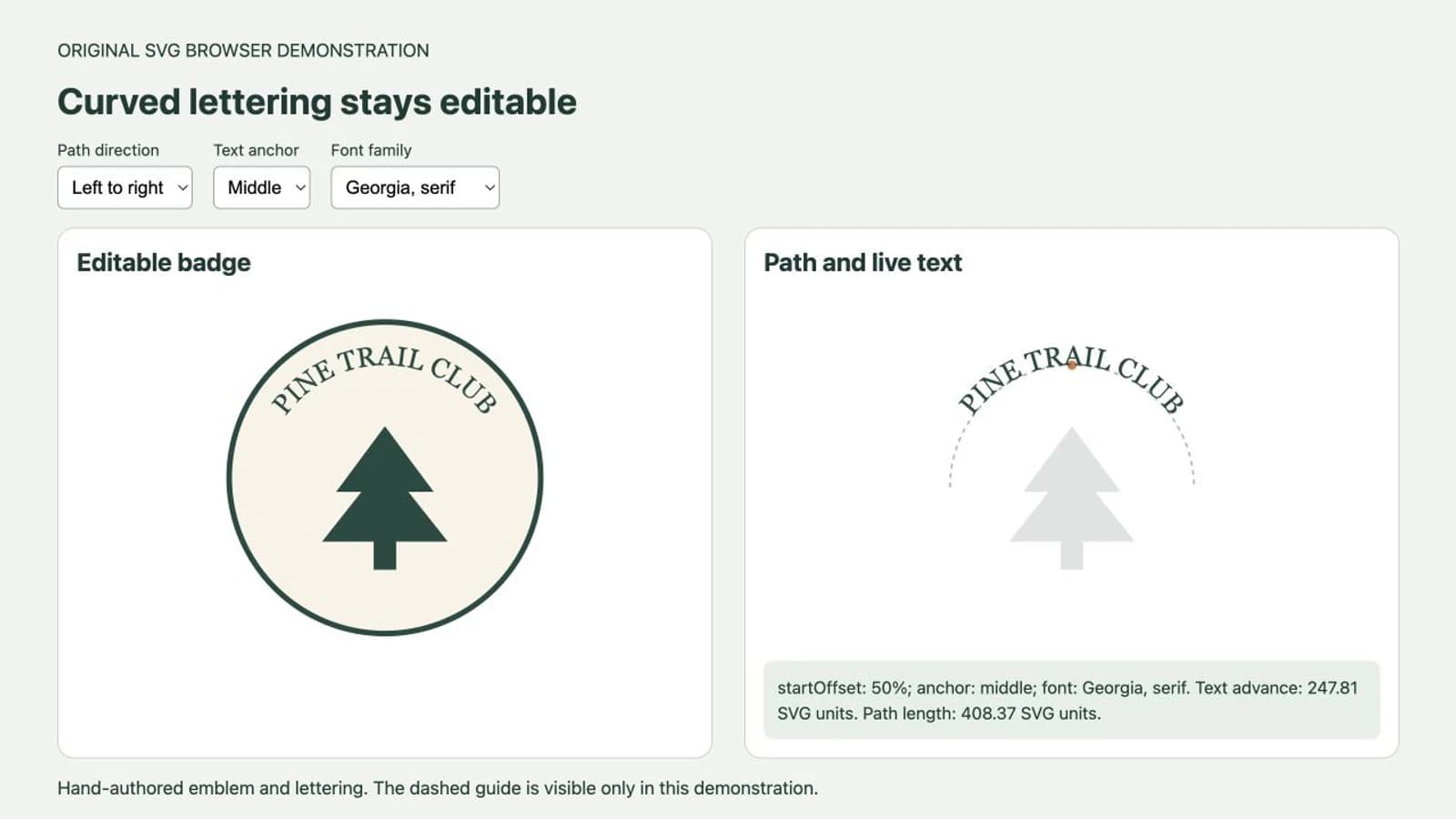 Browser rendering of a pine tree badge with centered curved lettering beside the same text on a dashed guide arc