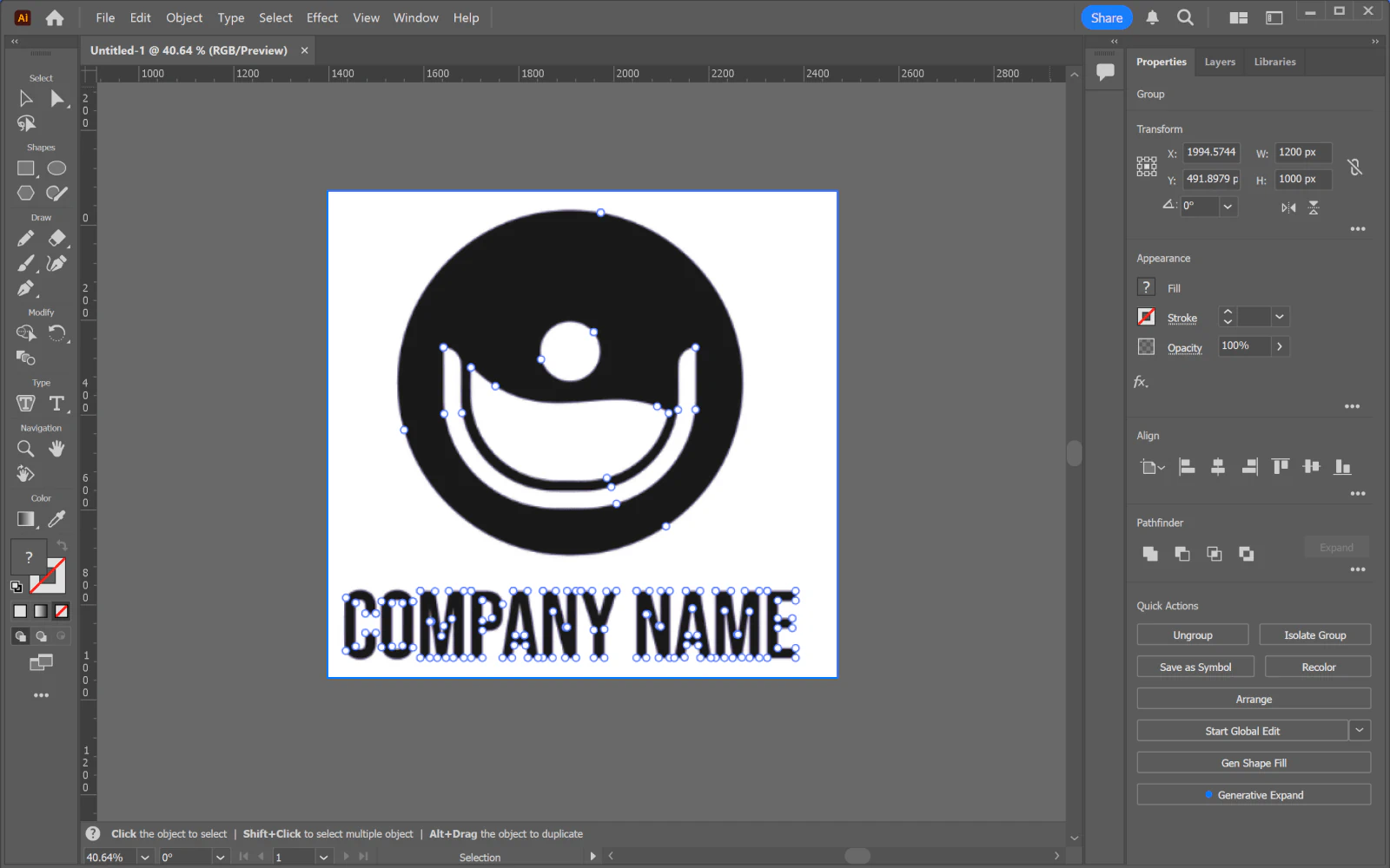 A logo and COMPANY NAME wordmark selected in Adobe Illustrator, its paths crowded with anchor points