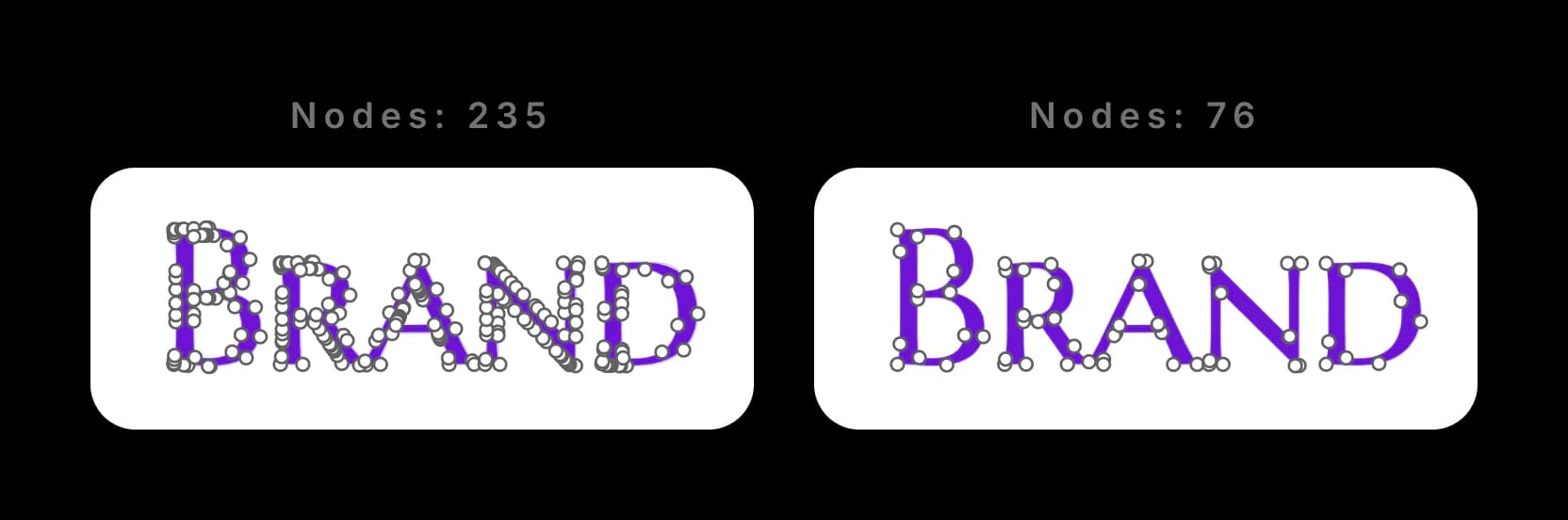 The word BRAND vectorized two ways: 235 anchor points on the left, 76 on the right