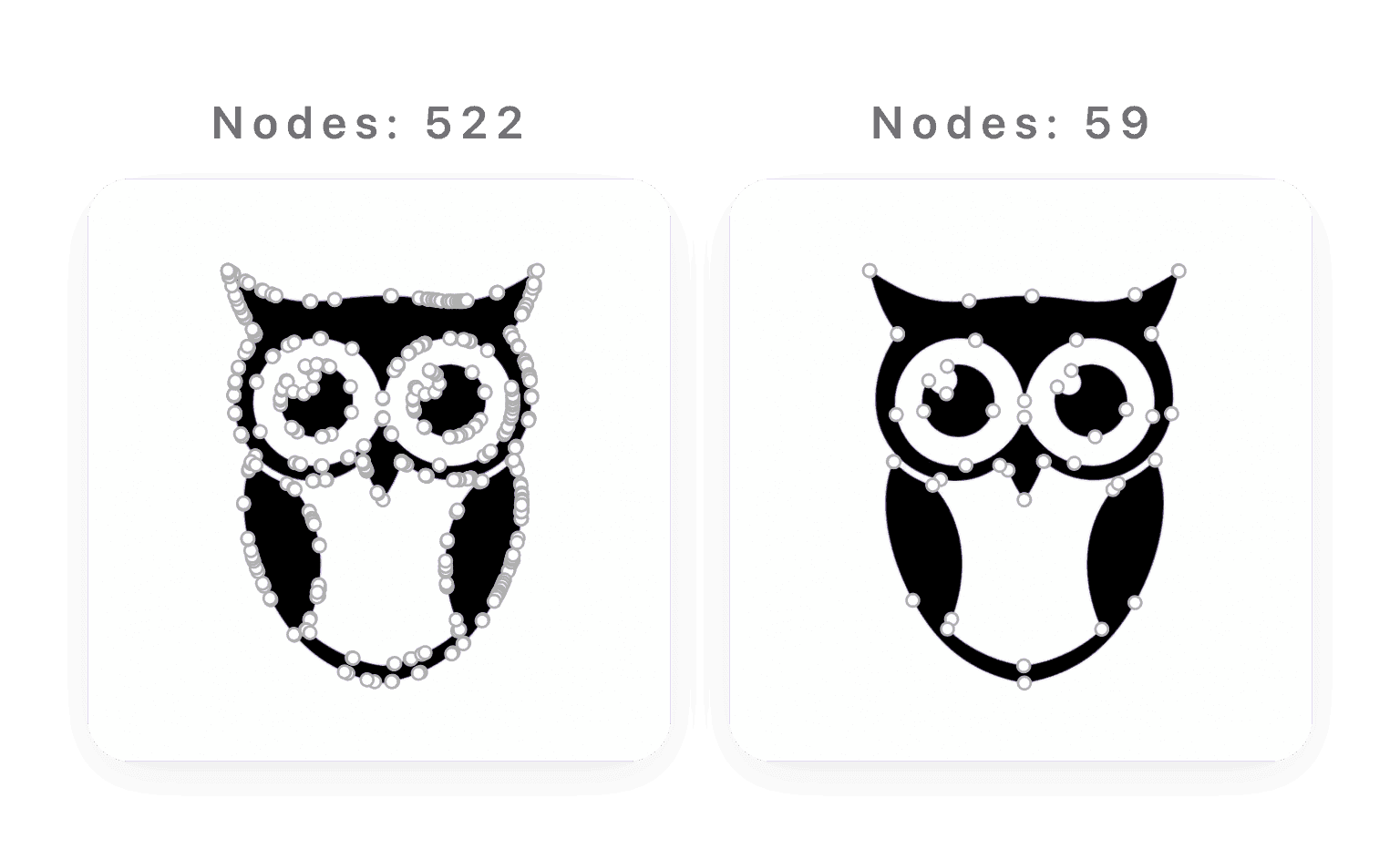 The same owl illustration vectorized two ways: 522 anchor points on the left, 59 on the right