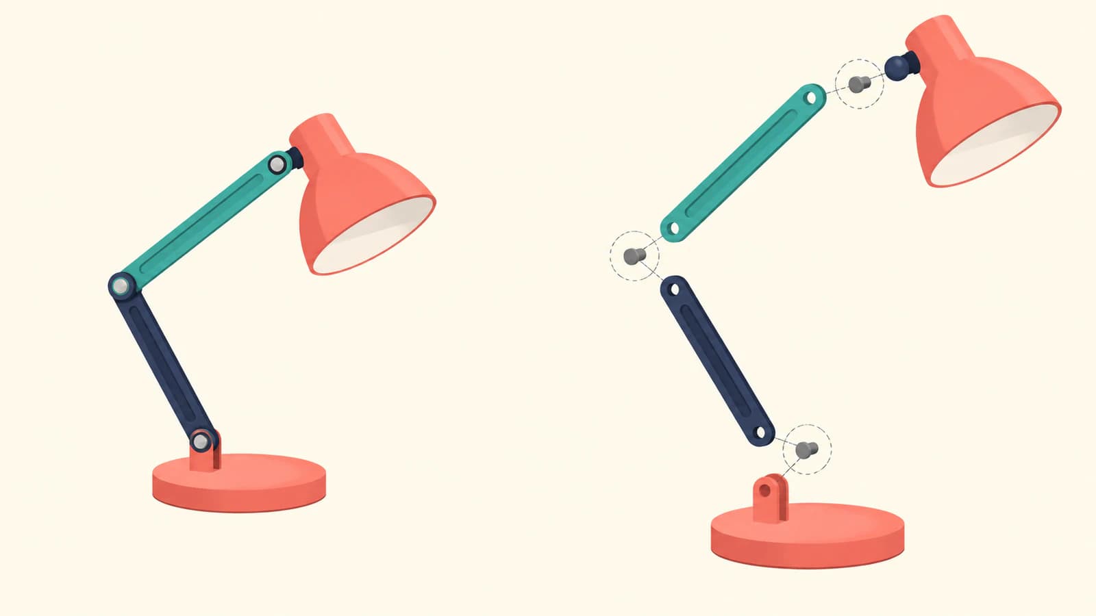 Conceptual desk-lamp diagram separating its base, articulated arms, and shade for an animation plan.