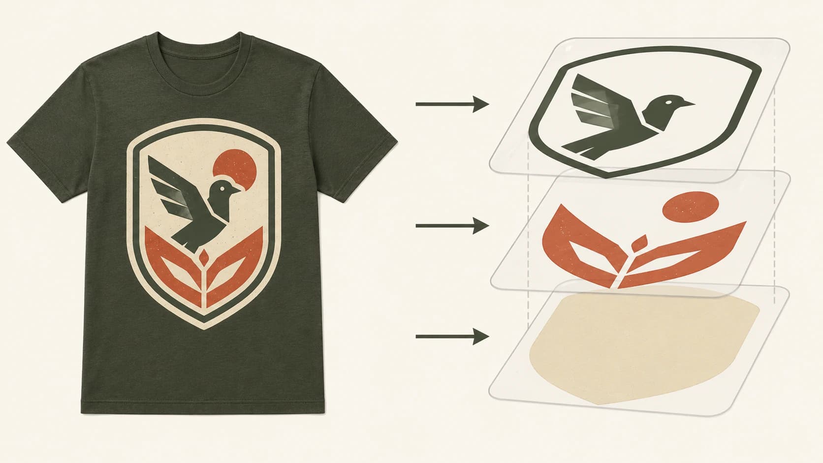 Diagramma di un design per t-shirt a tre colori che si divide in tre livelli di colori spot separati, uno per matrice, come si usa nella serigrafia