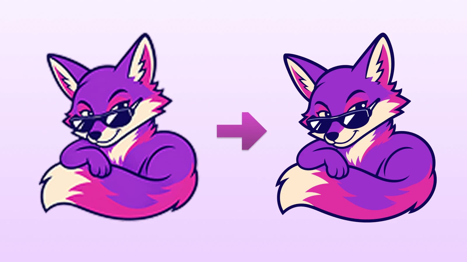 An AI-generated character illustration on the left as a soft raster image, and on the right rebuilt as a clean vector with crisp edges