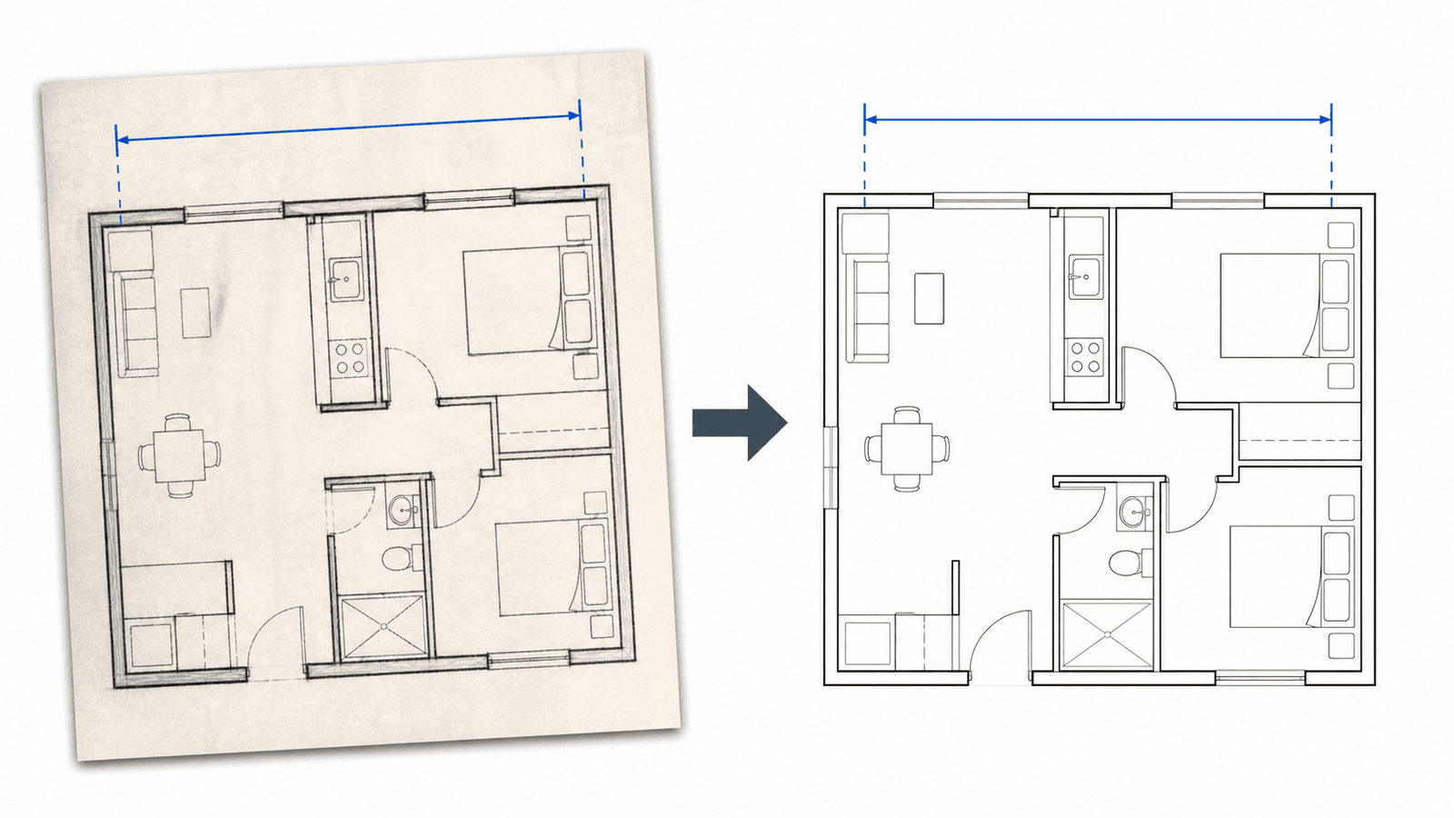 Conceptual comparison of a skewed scanned floor plan and a clean vector plan with the same reference wall marked for scale verification