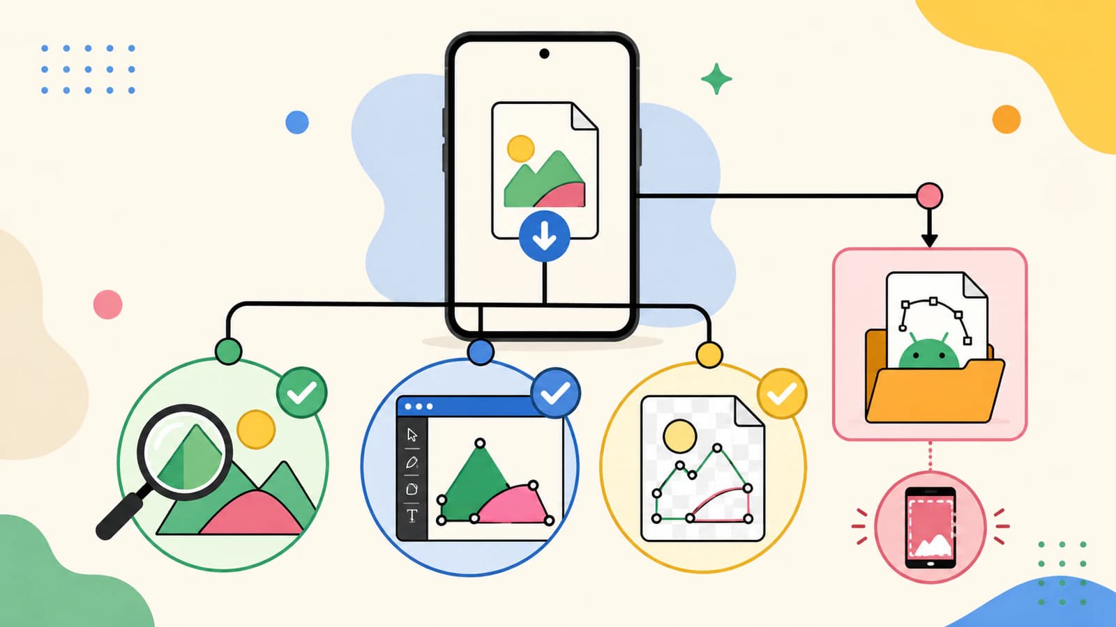 Conceptual Android phone workflow showing an image inspected, converted to paths, saved as a vector file, and checked for standard SVG versus app resource use