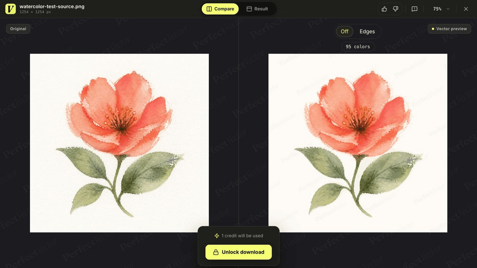 PerfectVector compare view showing an original coral watercolor flower beside its real vector preview, which keeps the flower shape while simplifying some paper texture and soft color transitions