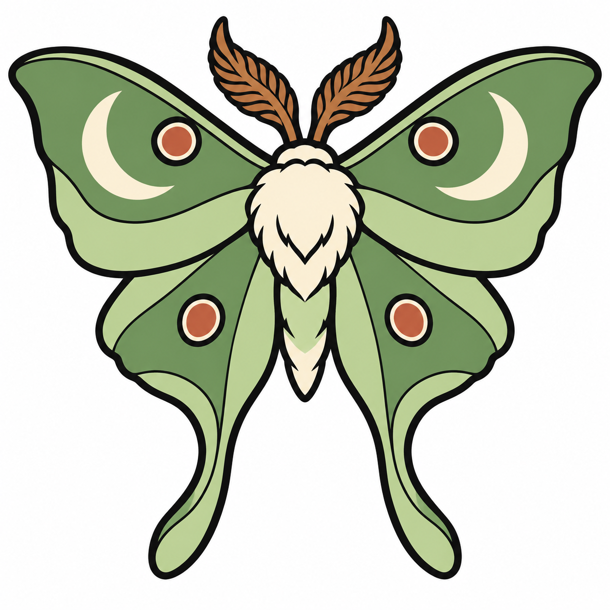 Original green moth with cream crescents and terracotta wing spots