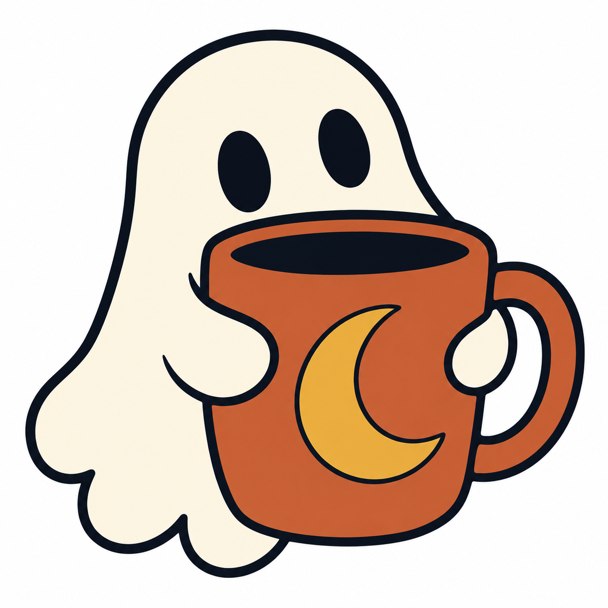 Original cream ghost holding a terracotta coffee mug with a yellow crescent