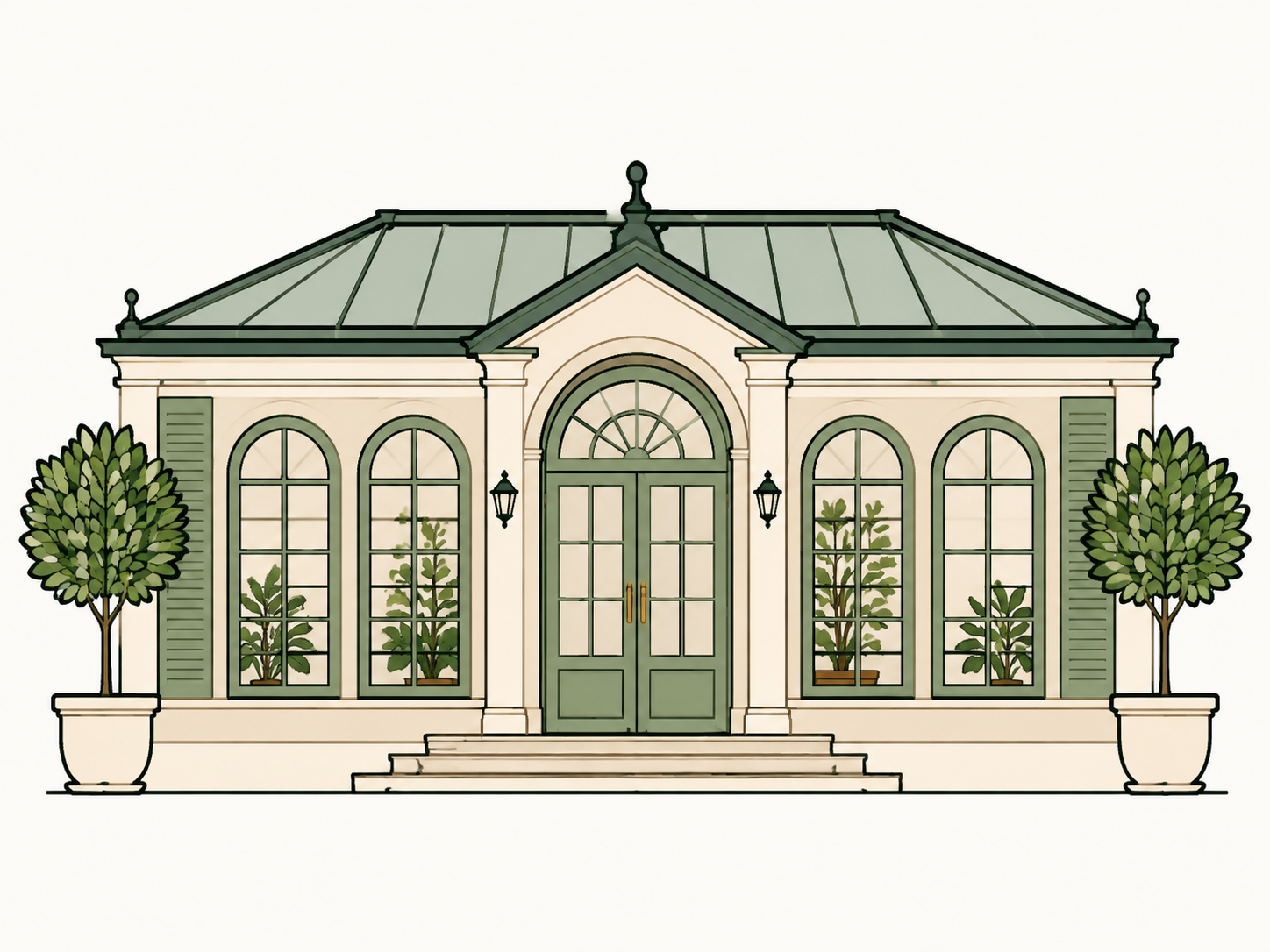 Raster garden venue illustration with arched windows and two potted trees