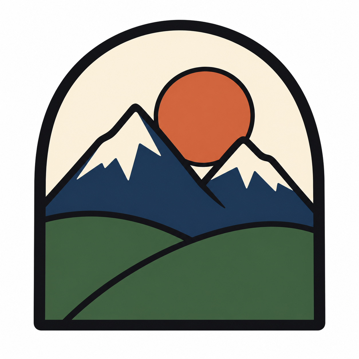 Original arched badge with navy mountains, green hills and a terracotta sun