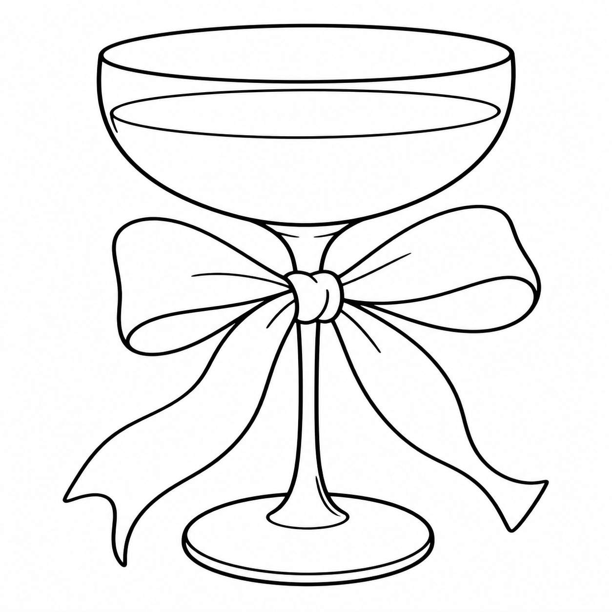 Original black-and-white ribboned champagne-coupe illustration, complete from rim to base