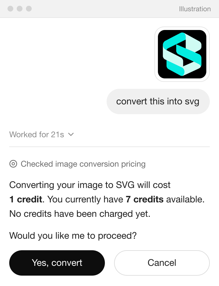 Illustration of ChatGPT's reply after the price check: converting costs 1 credit, 7 credits are available and nothing has been charged yet, with buttons to convert or cancel.