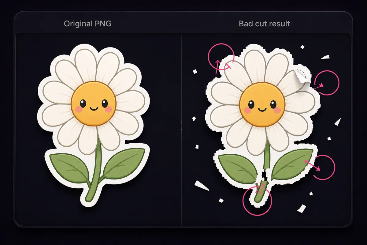 Stiker bunga aster yang lucu sebagai PNG asli yang bersih di samping auto-trace ‘hasil potong buruk’ yang bergerigi — tepi bergelombang dan serpihan berserakan.