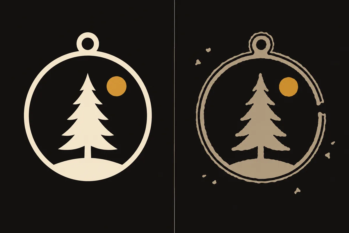 A clean pine-tree ornament design beside its rough auto-traced copy — wobbly doubled outlines, a gap where the ring never closes, and stray fragments.